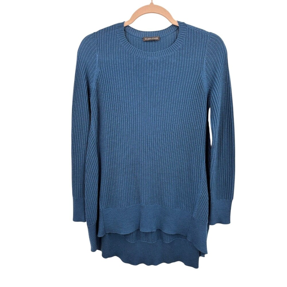 Eileen Fisher Sweater XS Small Extra Fine Merino Wool Crew Neck Blue FLAW